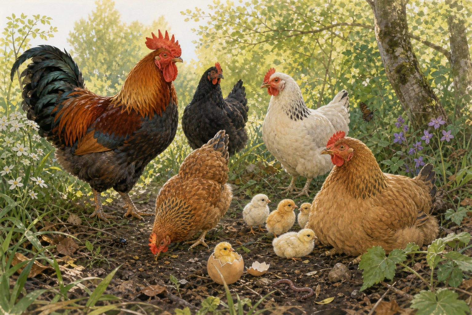 An editorial illustration celebrating the life and habitat of the chicken.