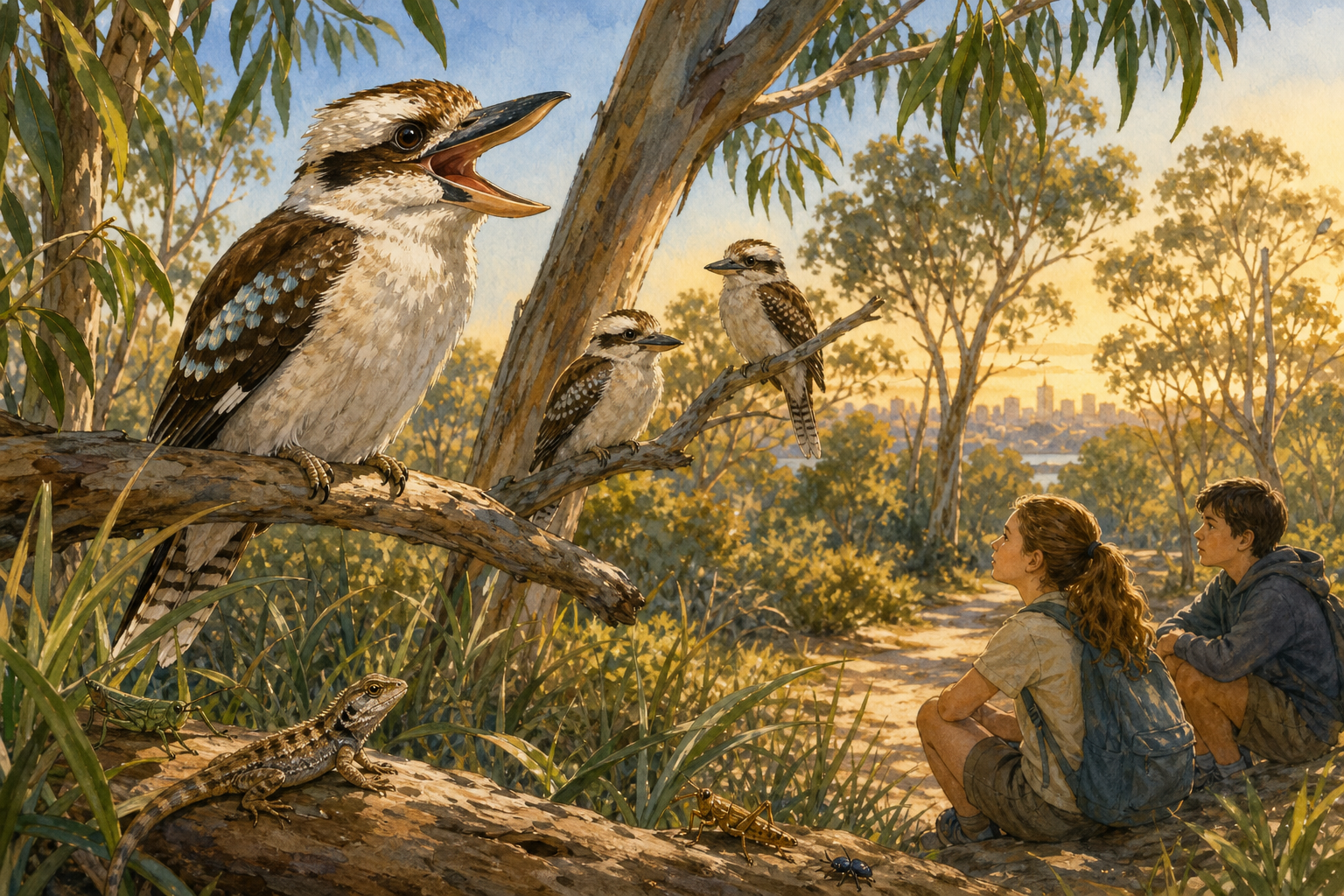 An editorial illustration celebrating the life and habitat of the laughing kookaburra.