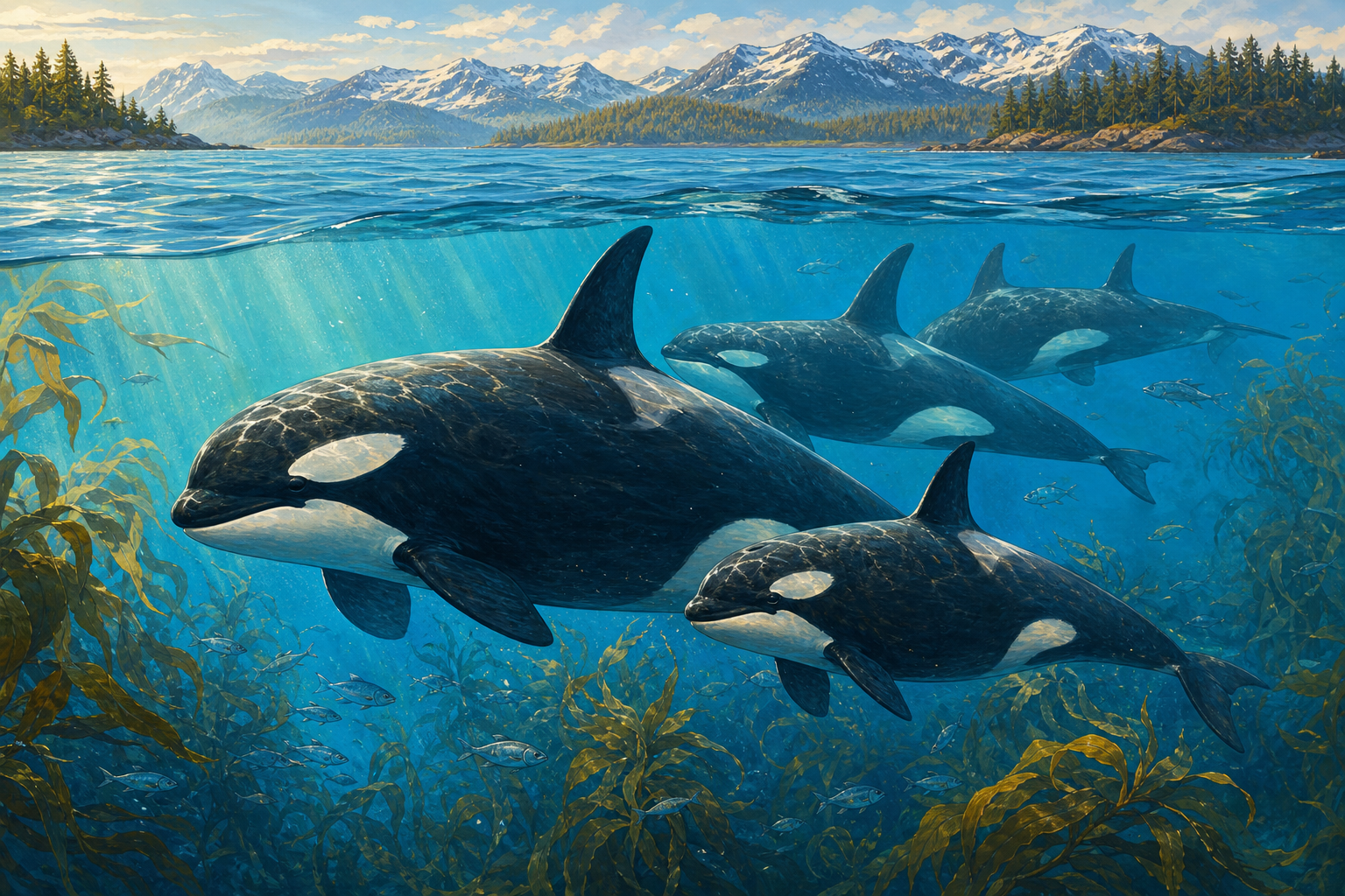 An editorial illustration celebrating the life and habitat of the orca.