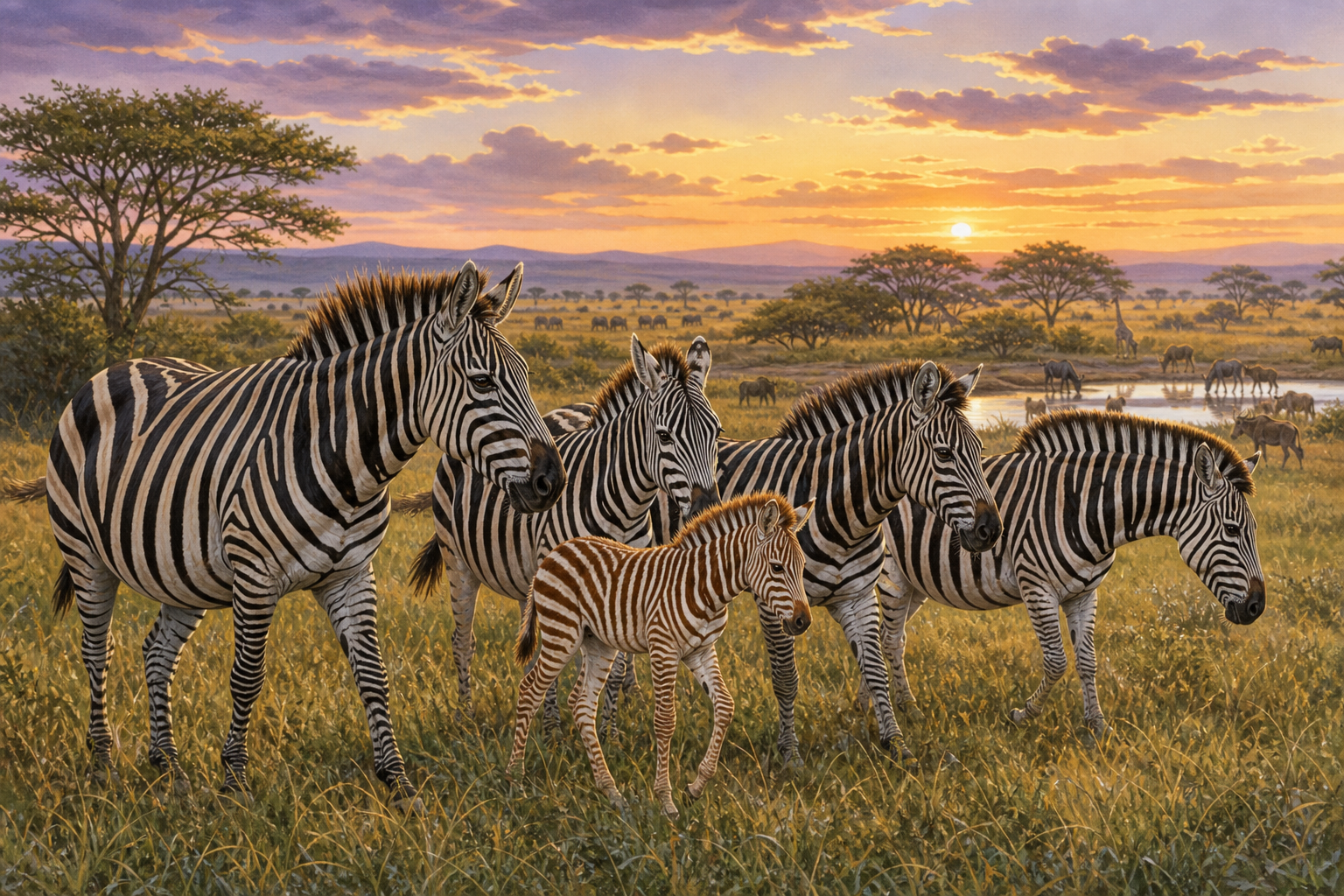 An editorial illustration celebrating the life and habitat of the plains zebra.