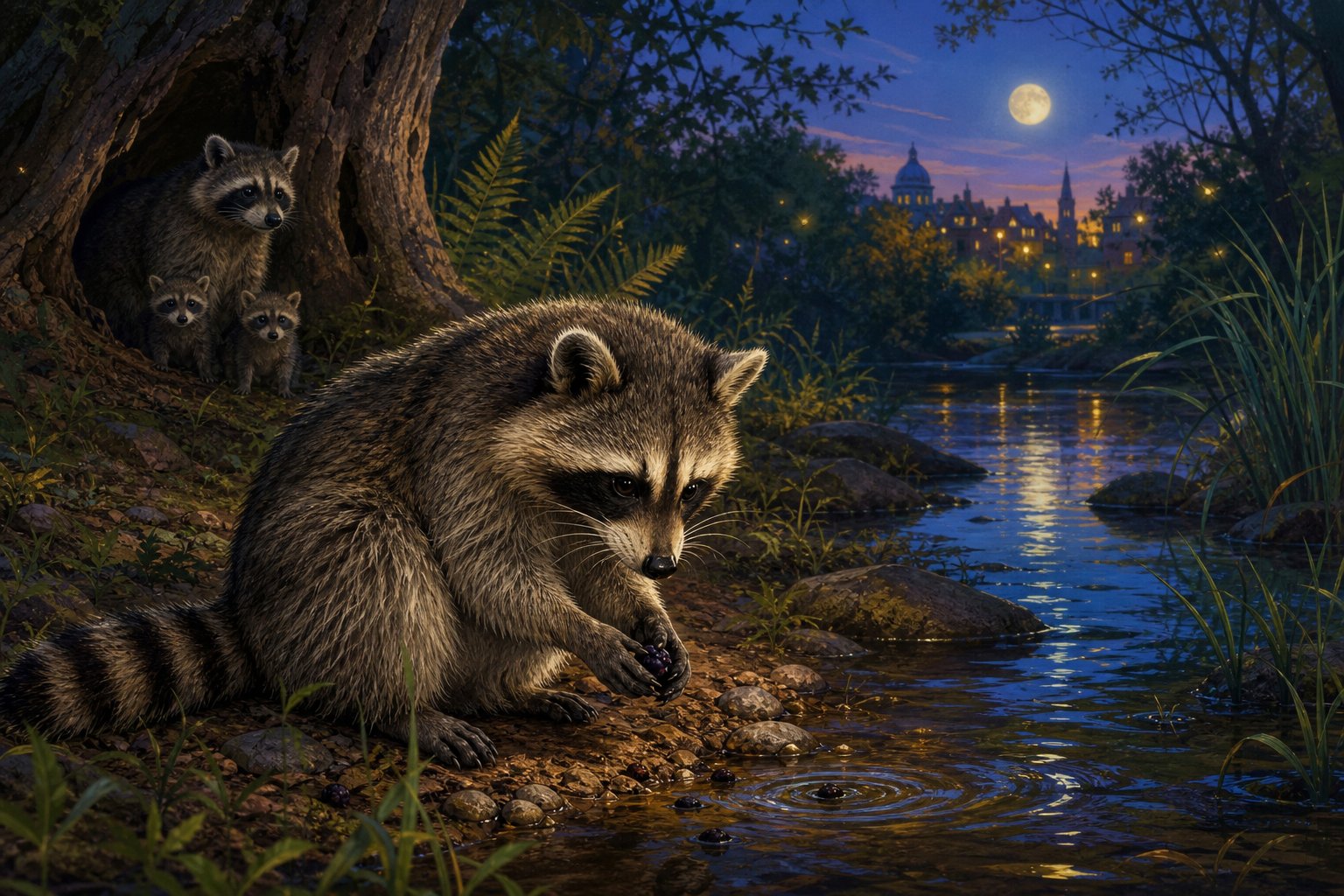 An editorial illustration celebrating the life and habitat of the raccoon.
